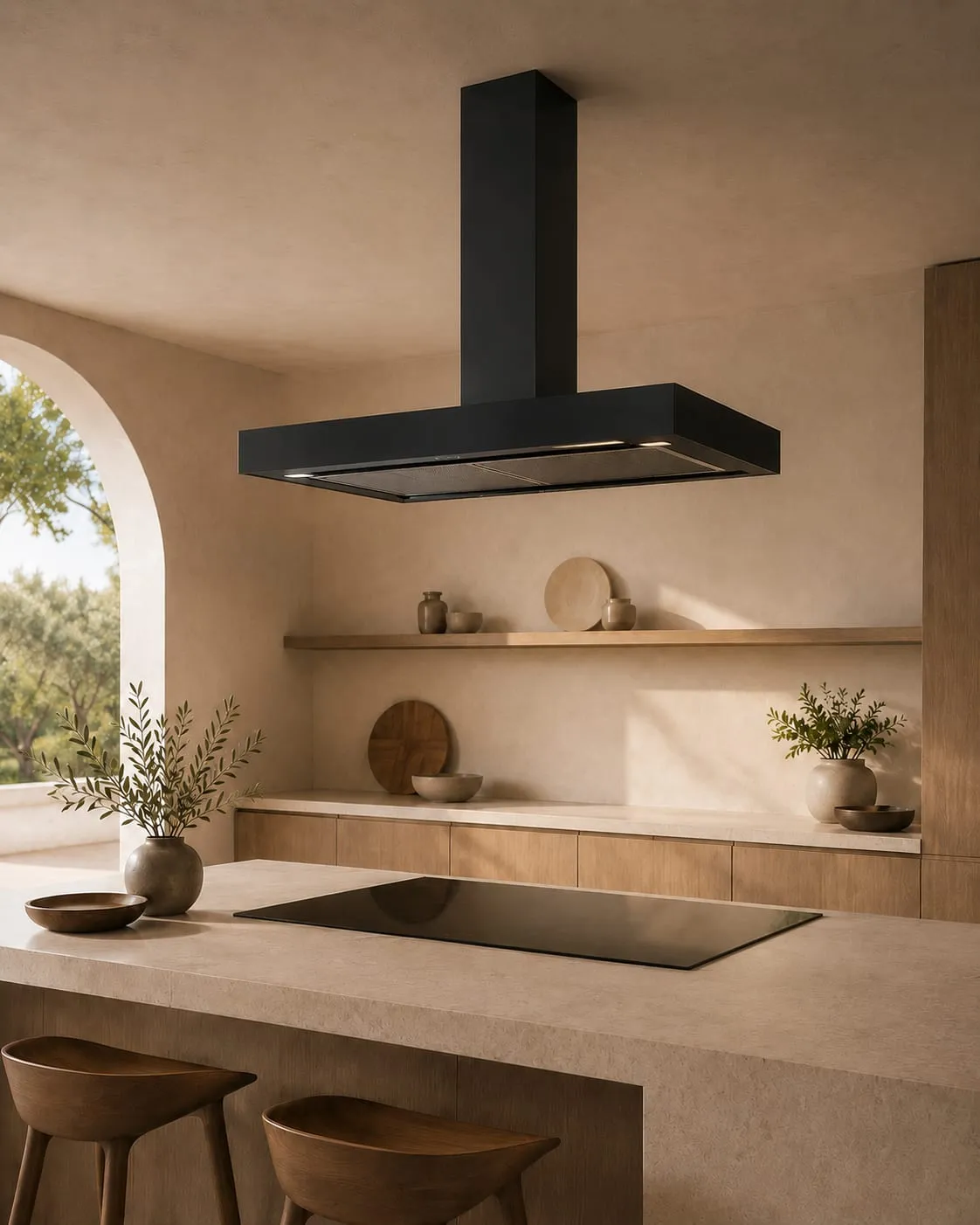 Black island extractor hood suspended over a kitchen island in a renovation in Mallorca