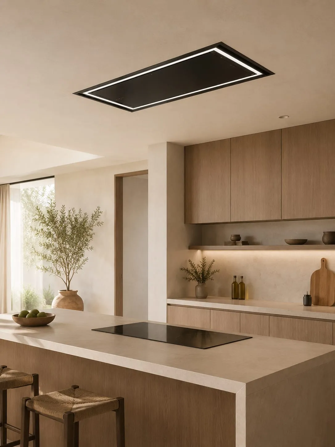 Ceiling extractor integrated into a false ceiling over an island in an open-plan kitchen renovation in Mallorca