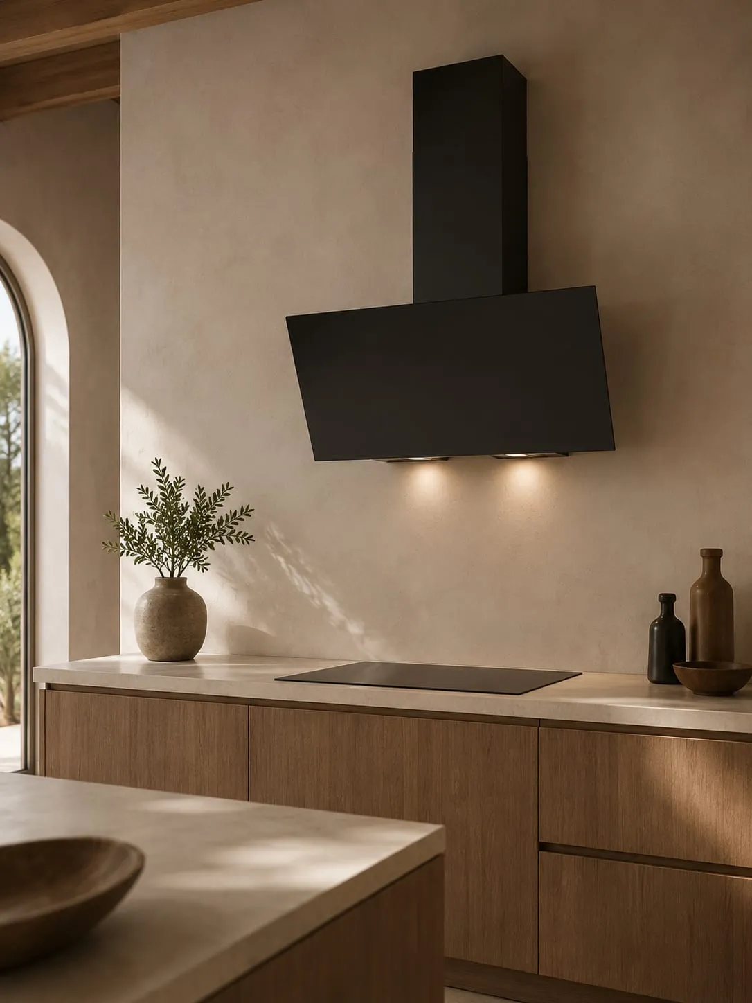 Black wall-mounted decorative extractor hood over a hob in a kitchen renovation in Palma and Mallorca
