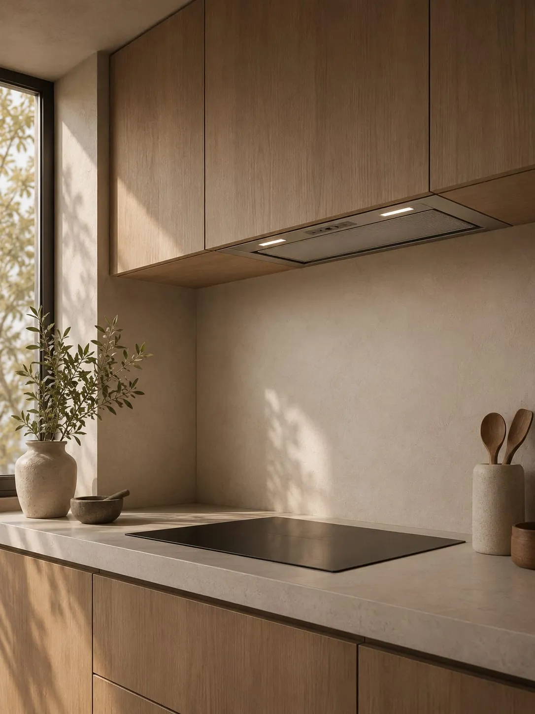 Integrated extractor group inside a wall unit in a modern kitchen renovation in Mallorca