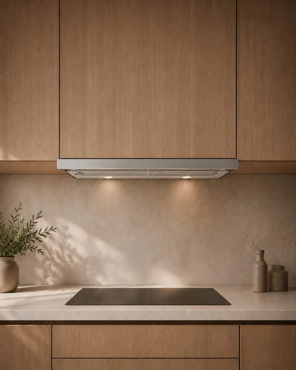 Pull-out telescopic extractor hood under a wall unit in a small kitchen renovation in Mallorca