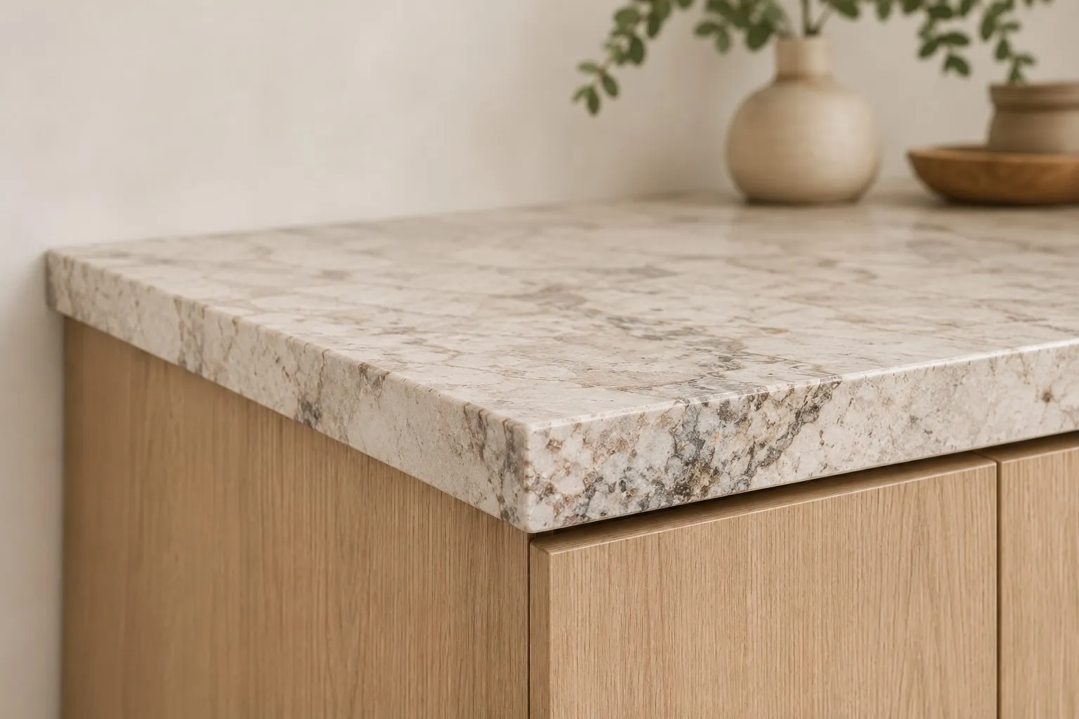 Veined natural stone worktop for a kitchen renovation in Mallorca