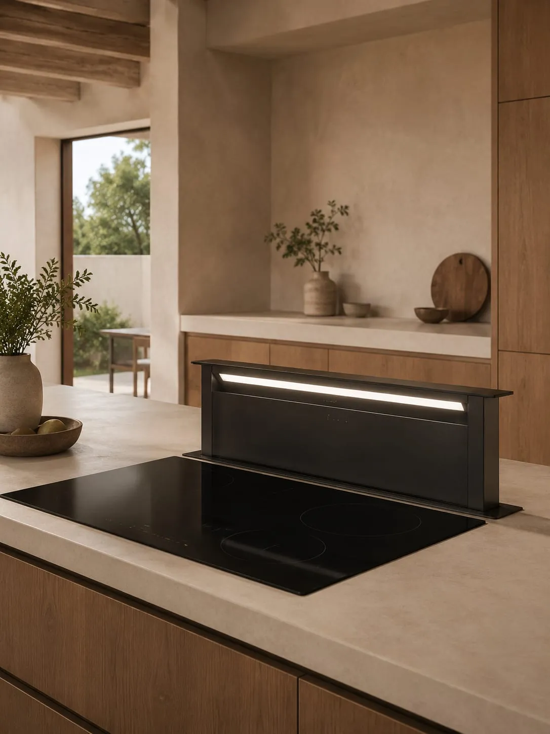 Downdraft worktop extractor beside the hob in a kitchen renovation in Palma and Mallorca