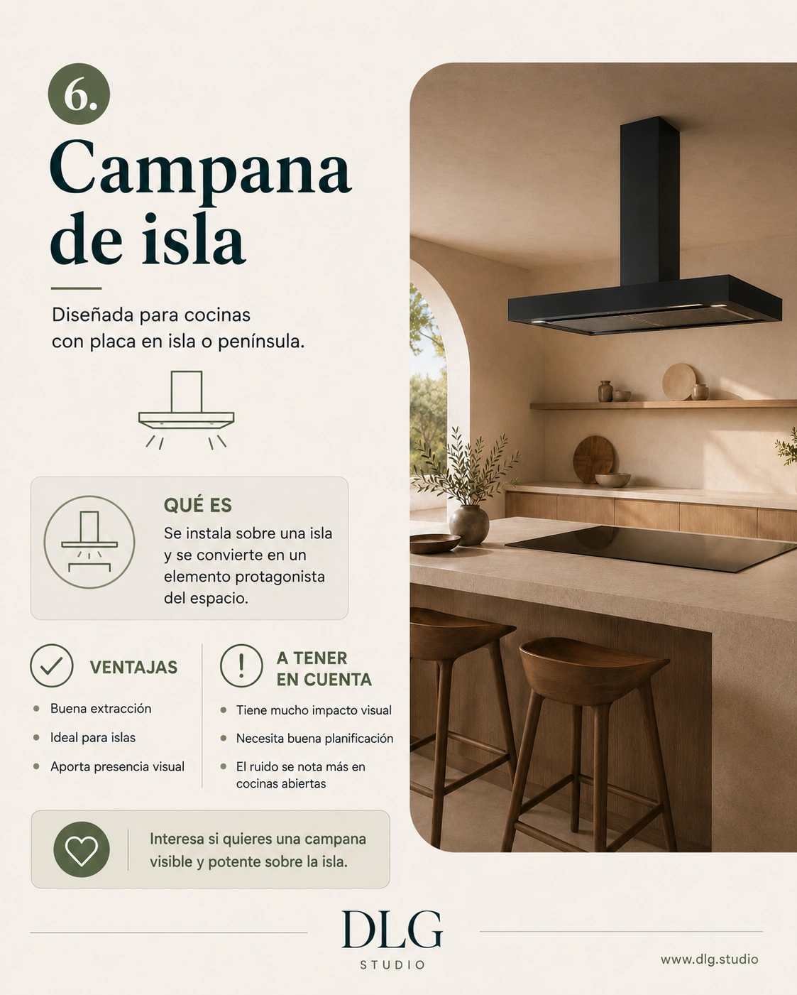 Infografía de campana de isla para cocinas abiertas con isla o península