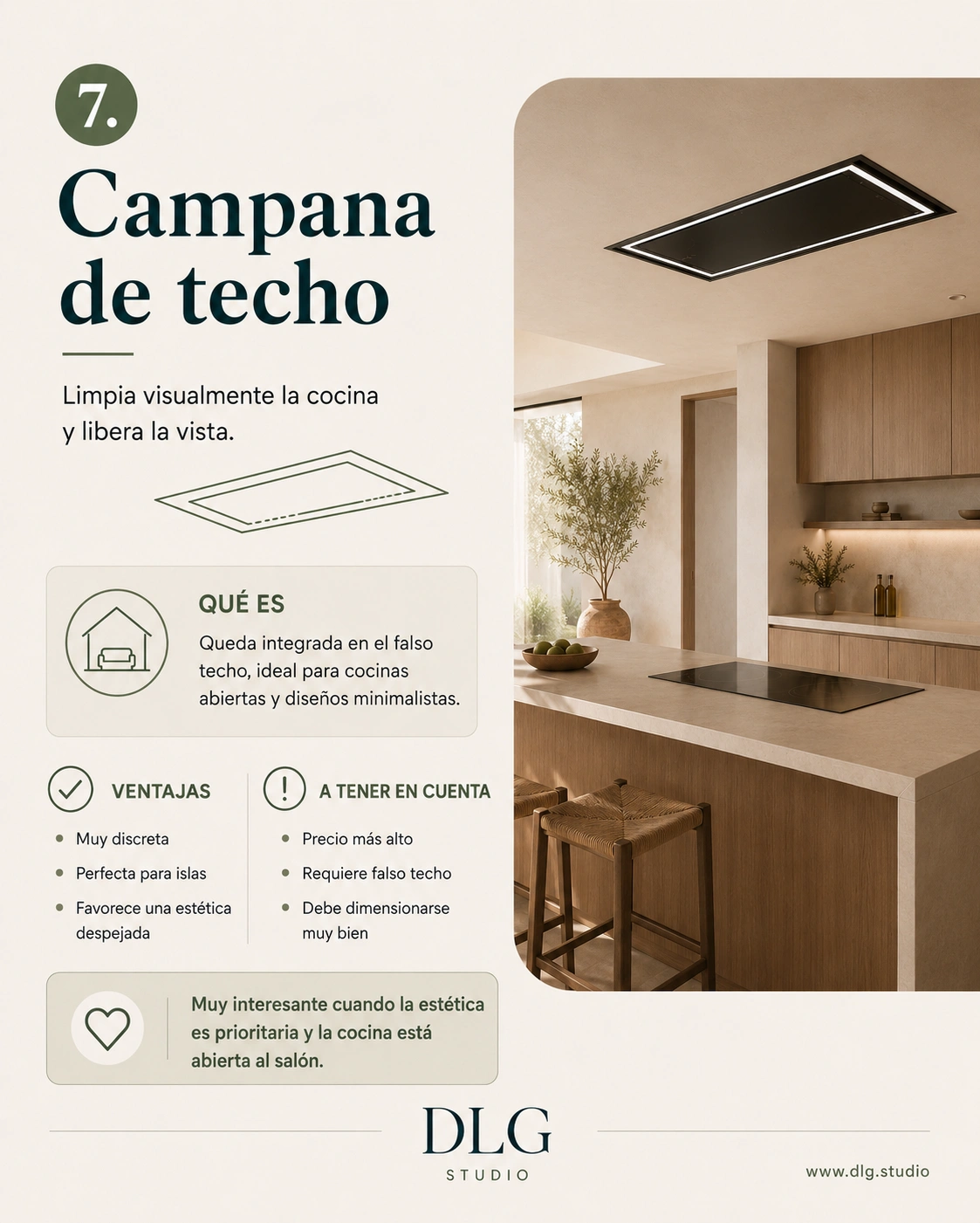 Infografía de campana de techo para cocinas abiertas y diseño minimalista