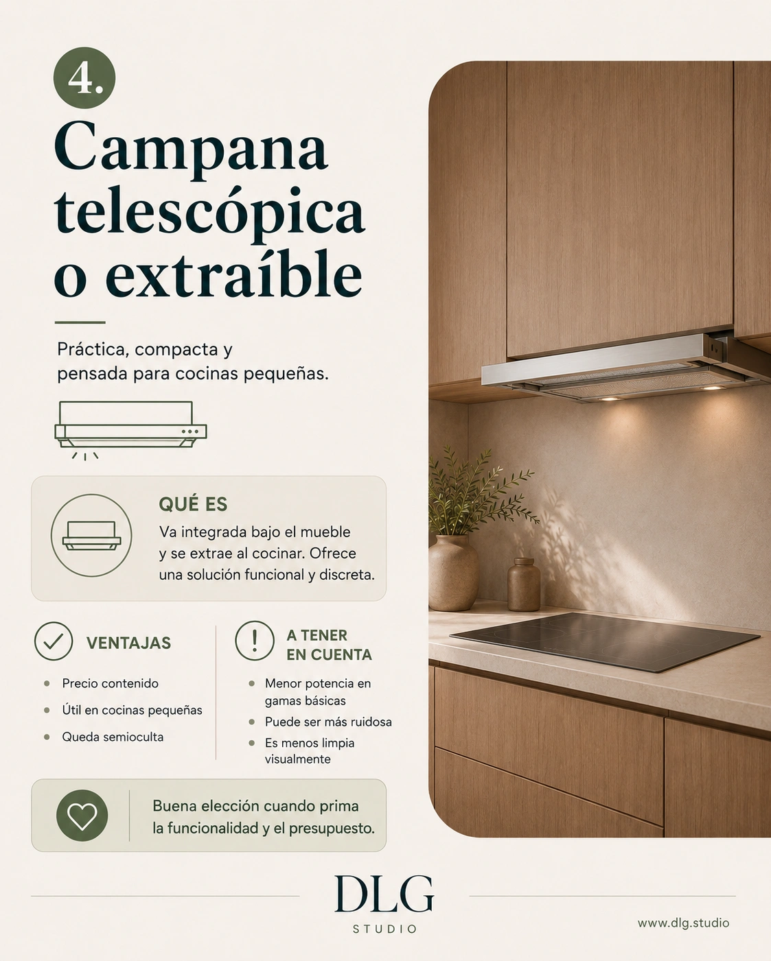 Infografía de campana telescópica extraíble para cocinas pequeñas y reformas prácticas