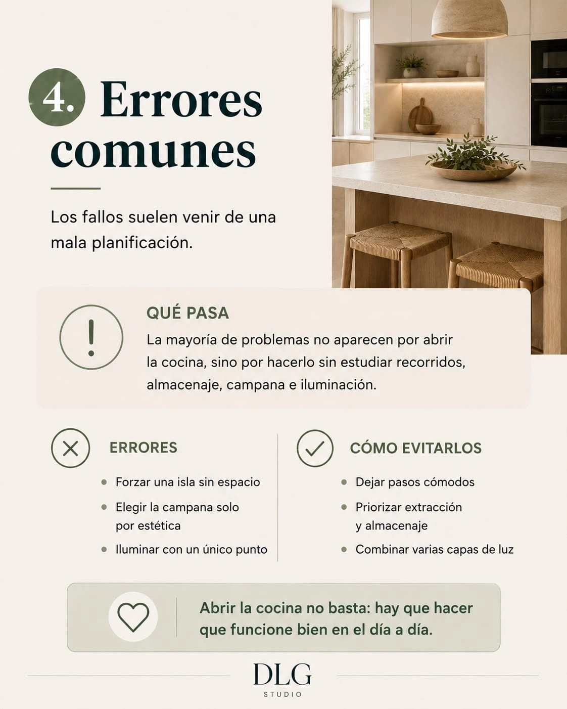 Infographic with common mistakes when remodelling an open-plan kitchen in Mallorca