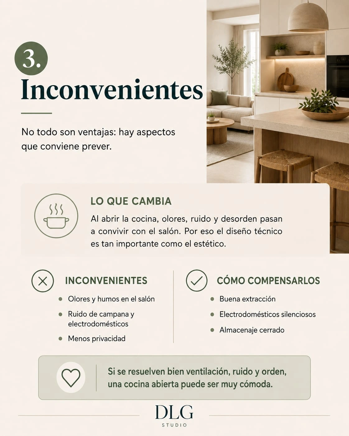 Infographic with the drawbacks of an open-plan kitchen and how to offset them