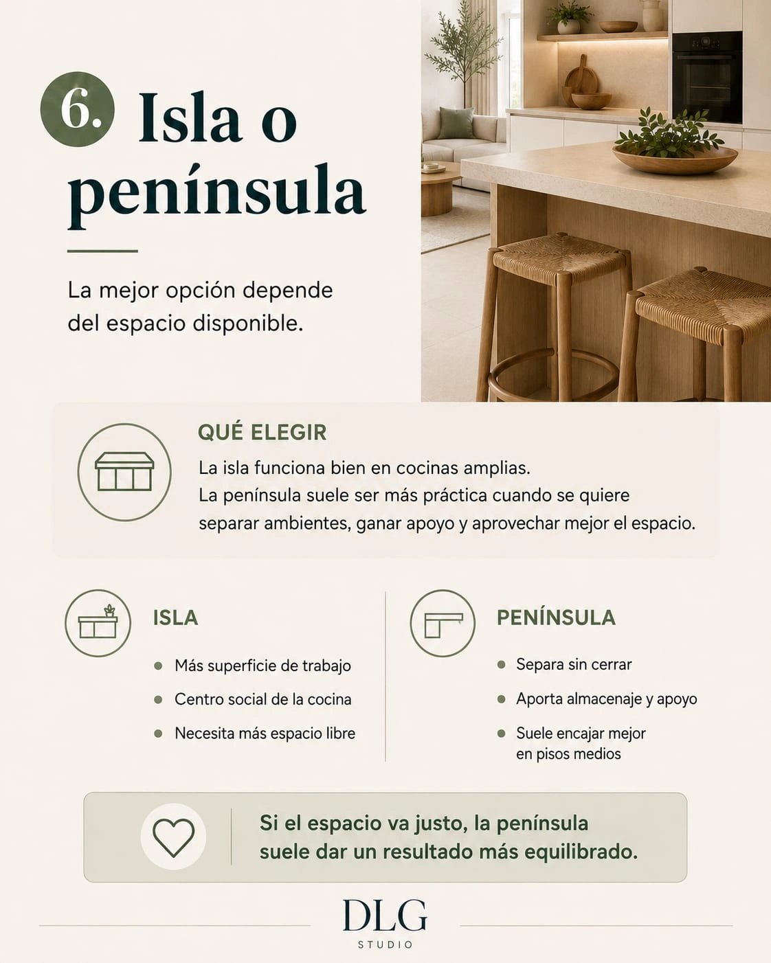 Infographic comparing island and peninsula in an open-plan kitchen in a remodel in Mallorca
