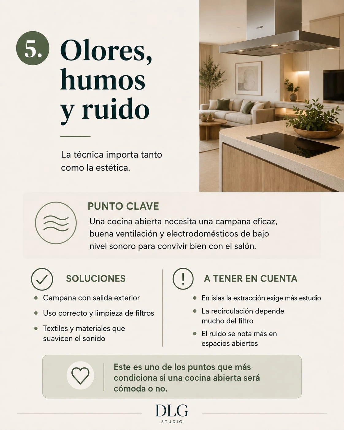 Infographic about extraction, smells and noise in an open-plan kitchen in Mallorca