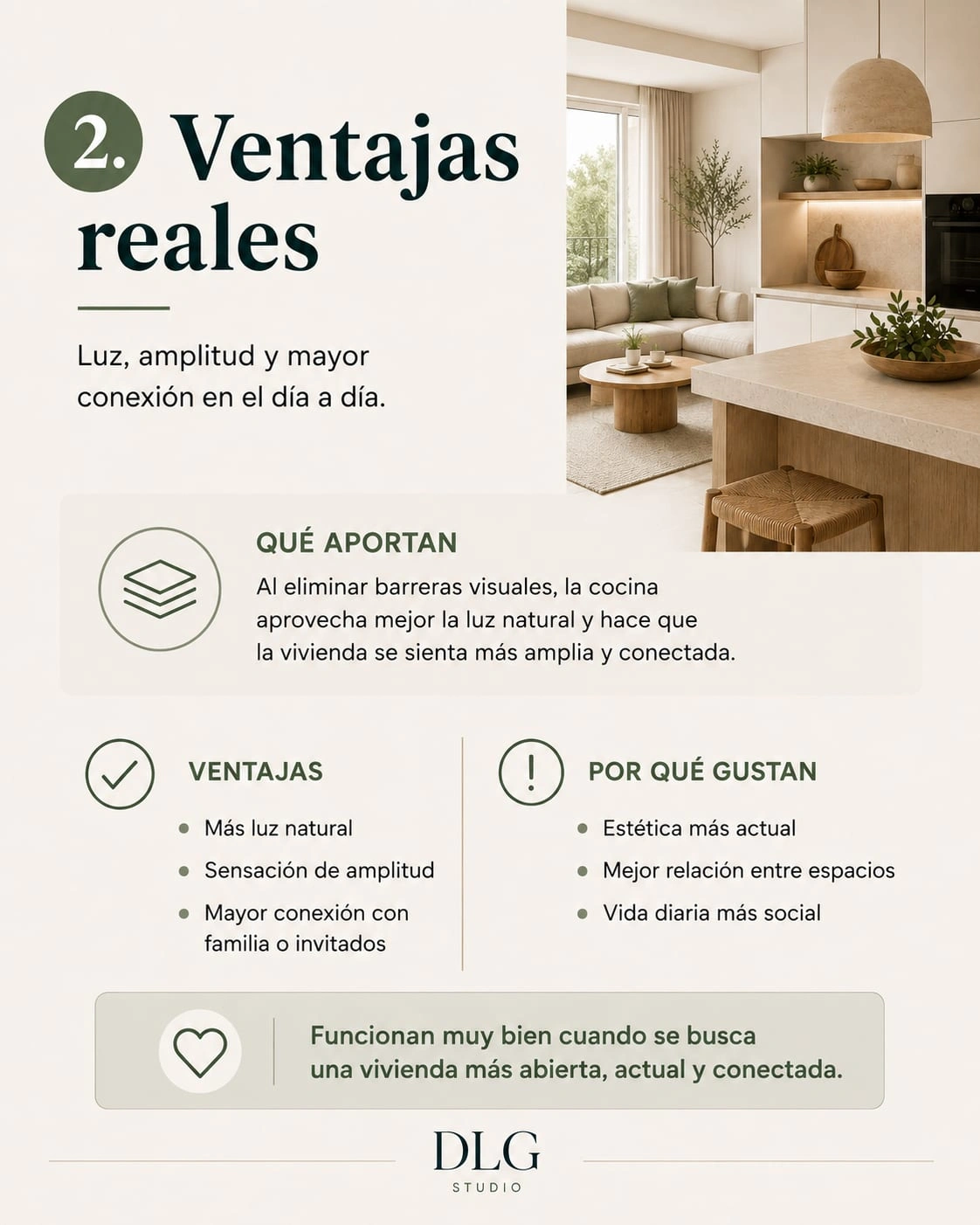 Infographic with the benefits of an open-plan kitchen when remodelling in Mallorca