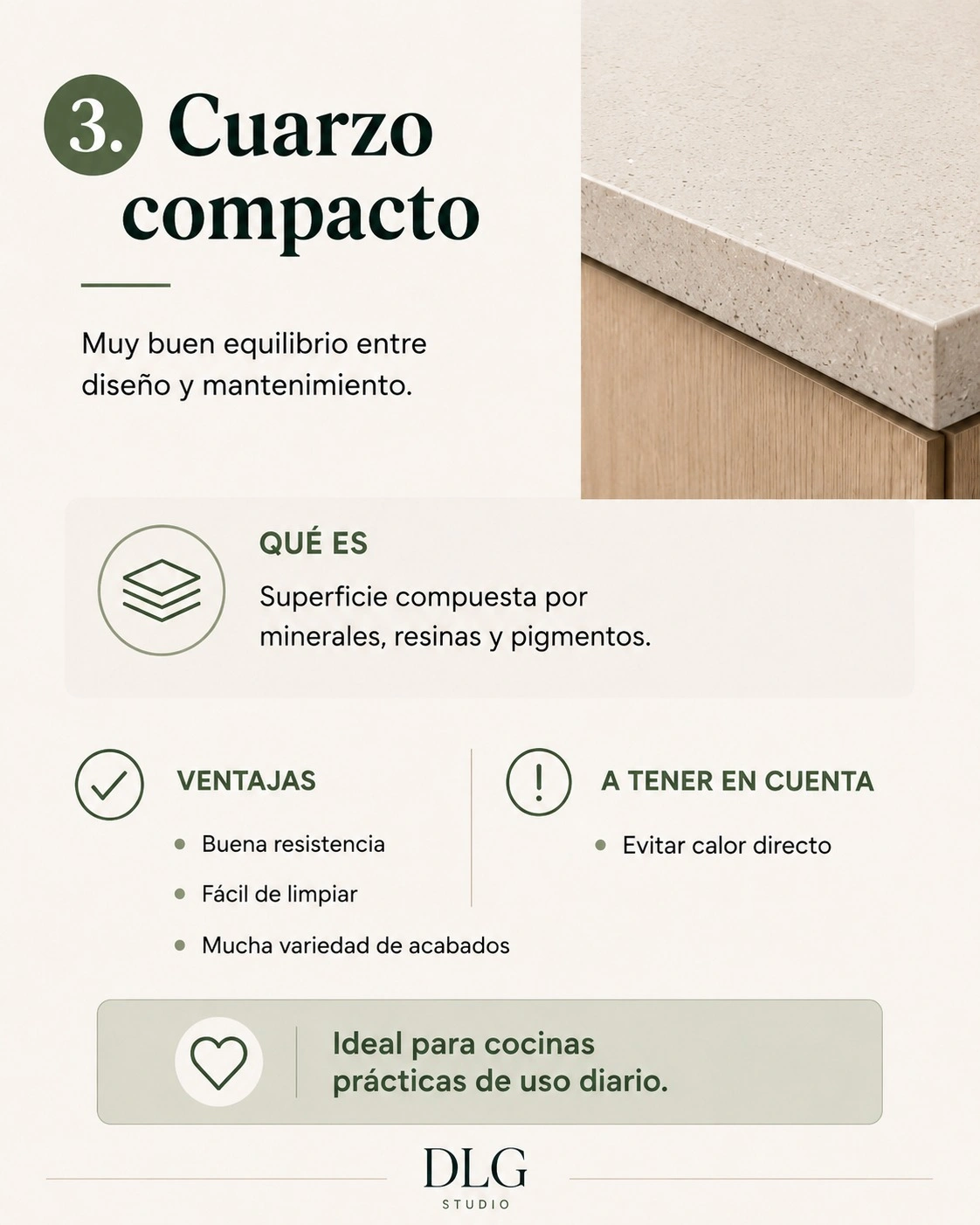 Infographic of a compact quartz worktop for renovating a family kitchen in Mallorca
