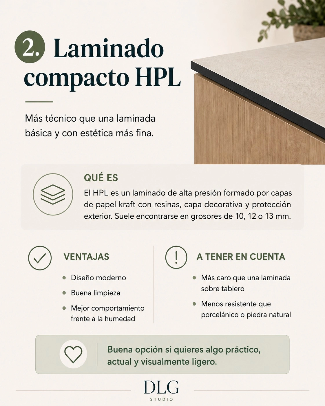 Infographic of a compact HPL worktop for a modern kitchen renovation in Palma