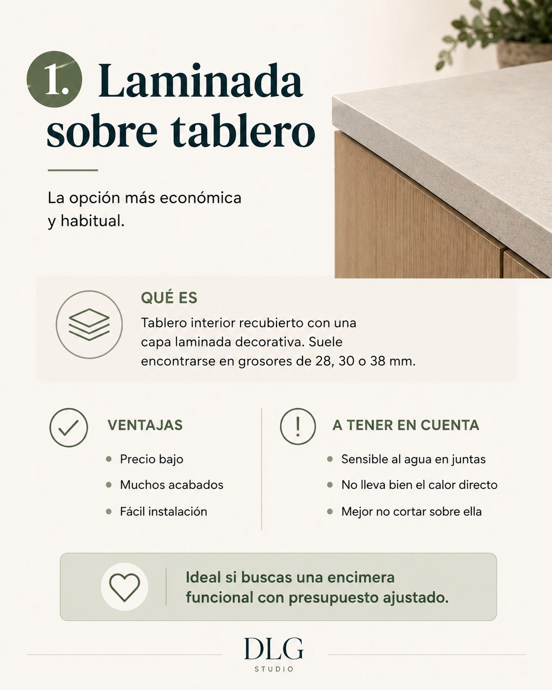 Infographic of a laminate worktop for a budget-conscious kitchen renovation in Mallorca