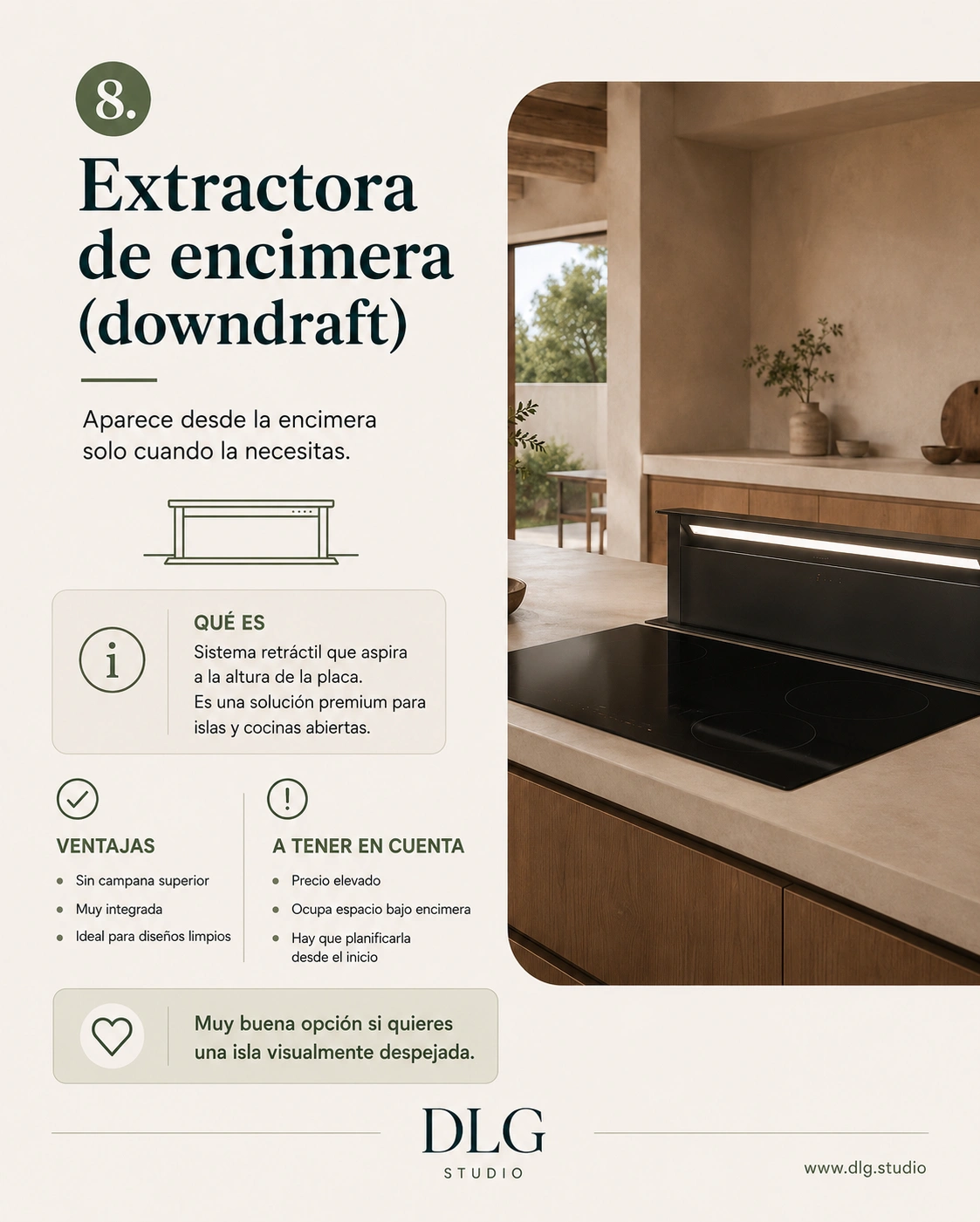 Infografía de extractora de encimera downdraft para cocinas con isla y diseño limpio