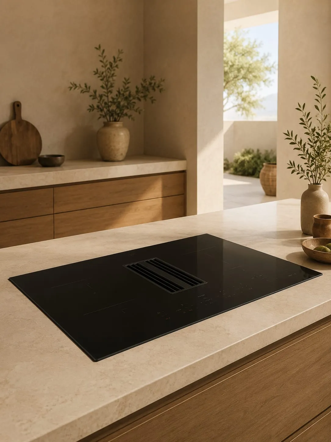 Induction hob with integrated extractor in a kitchen island renovation in Mallorca